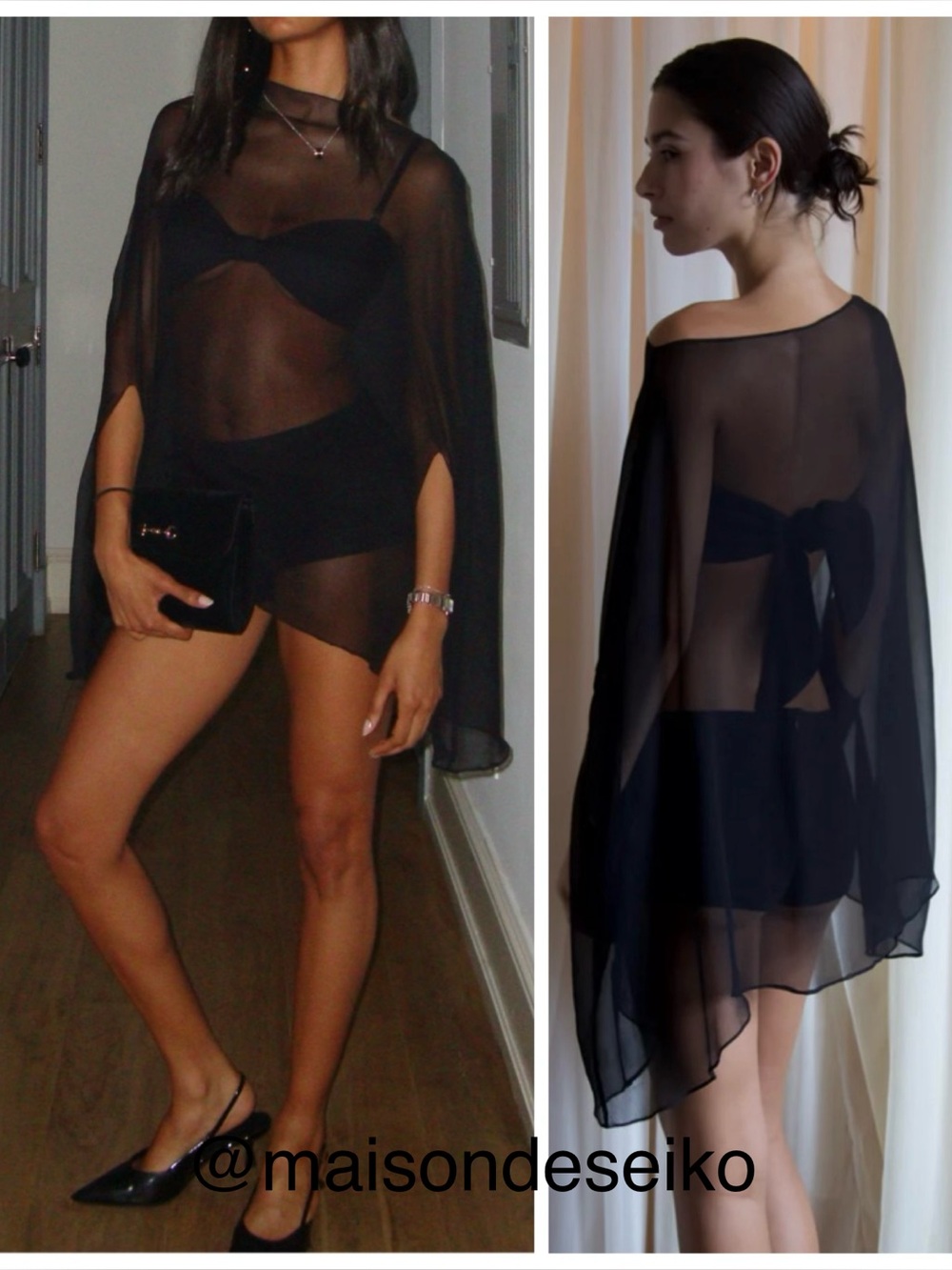 NWT Buci NYC Black Ibis Poncho Set 100% Silk Chiffon size XS/S